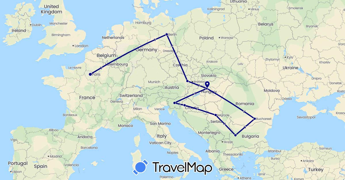 TravelMap itinerary: driving in Austria, Bulgaria, Germany, France, Croatia, Hungary, Romania, Serbia, Slovenia (Europe)